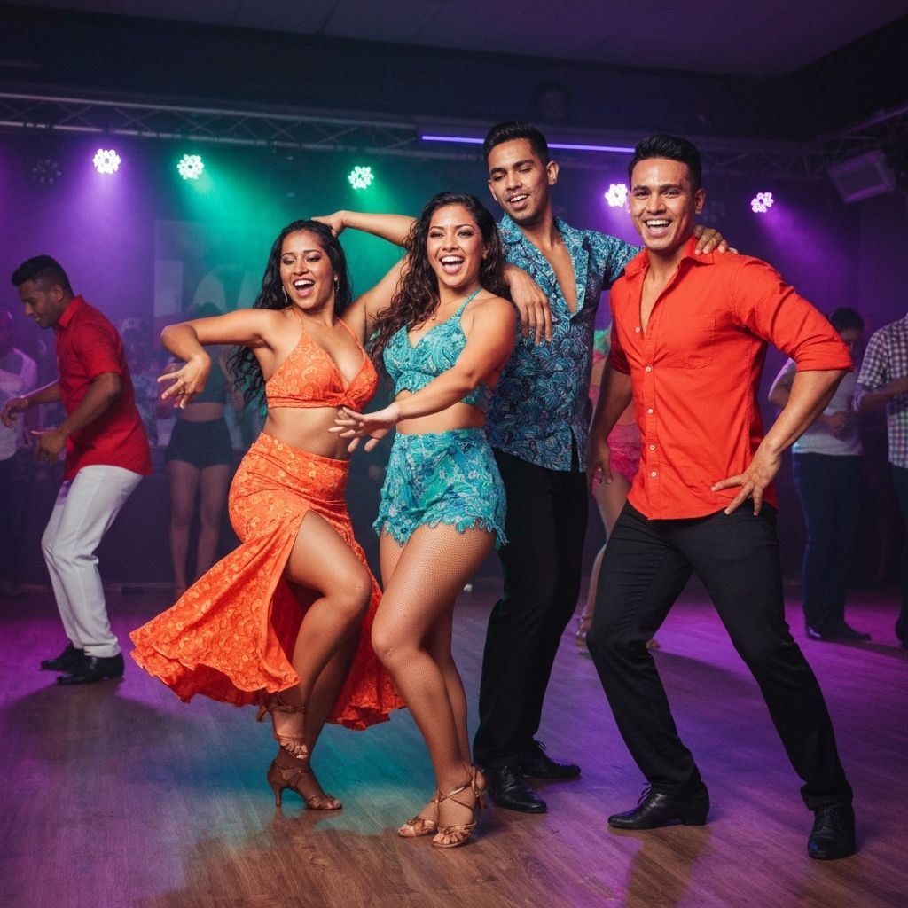 Parejas bailando salsa en un estudio con luces calidas